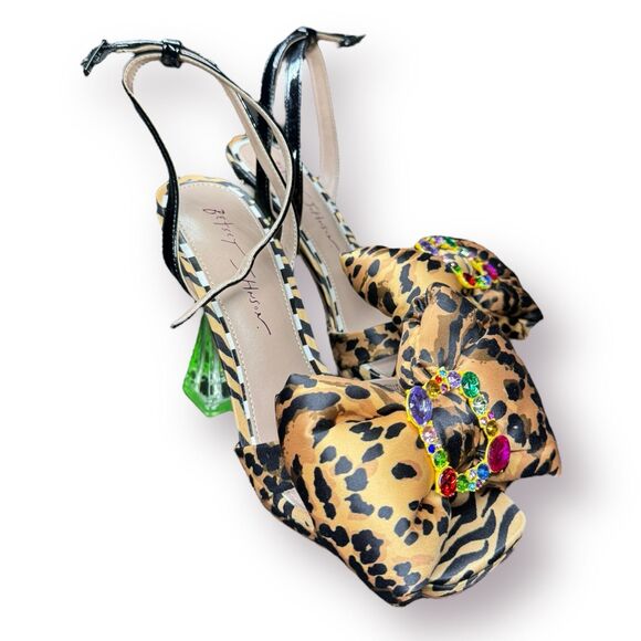 Betsey Johnson Pollie Leopard Print Satin Bow Gem Stones Women’s Heels Size 7M‎